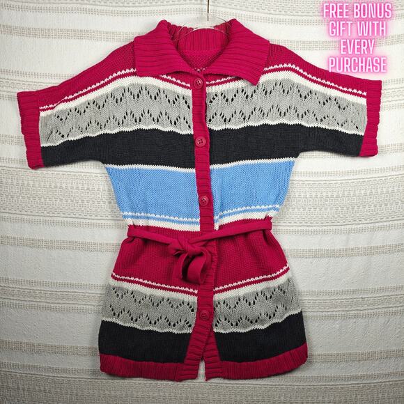 Striped Short Sleeve Button Up Belted Sweater Cardigan Women’s Size S/M NEW - Picture 1 of 5